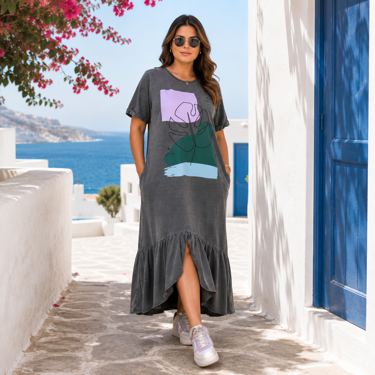 Vestido malha algodão Estonado com bolso e babado Daphne