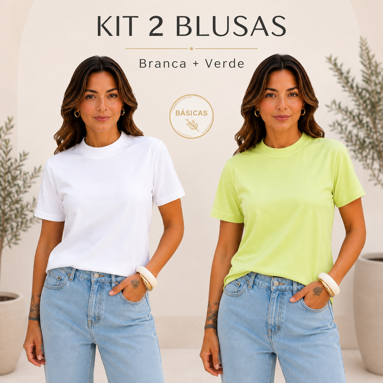 Kit 2 Camisetas Femininas Básicas Algodão Premium Gola Alta Lisa Manga Curta