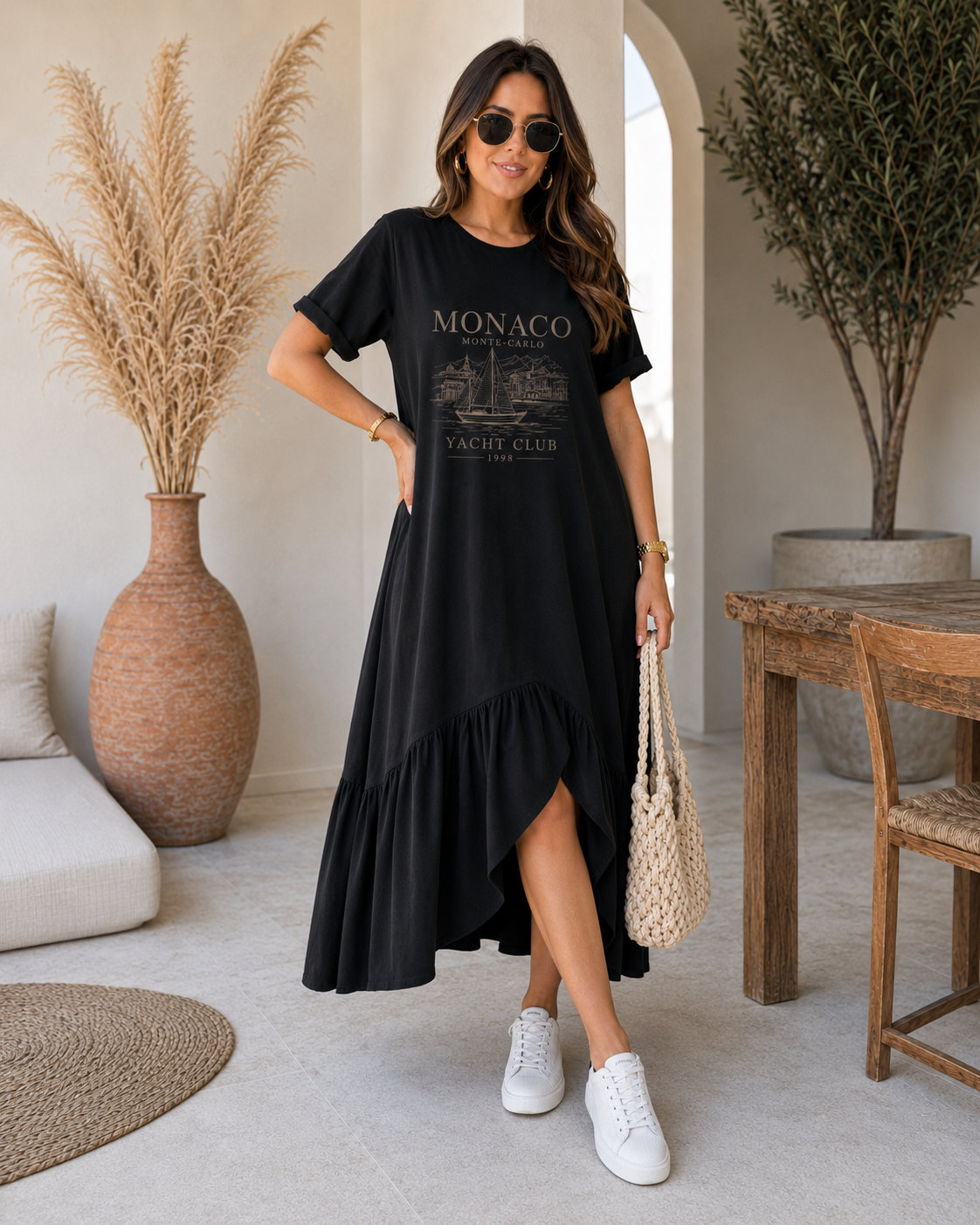 Vestido Midi Mônaco Preto com Bolsos e Babado – 100% Algodão