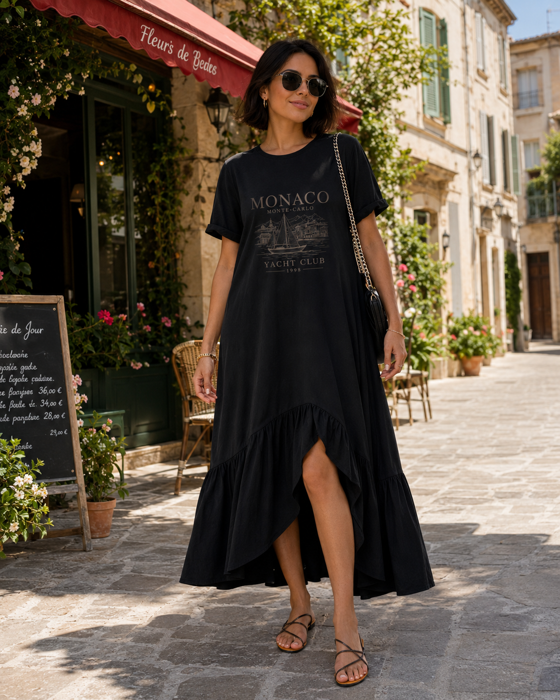 Vestido Midi Mônaco Preto com Bolsos e Babado – 100% Algodão