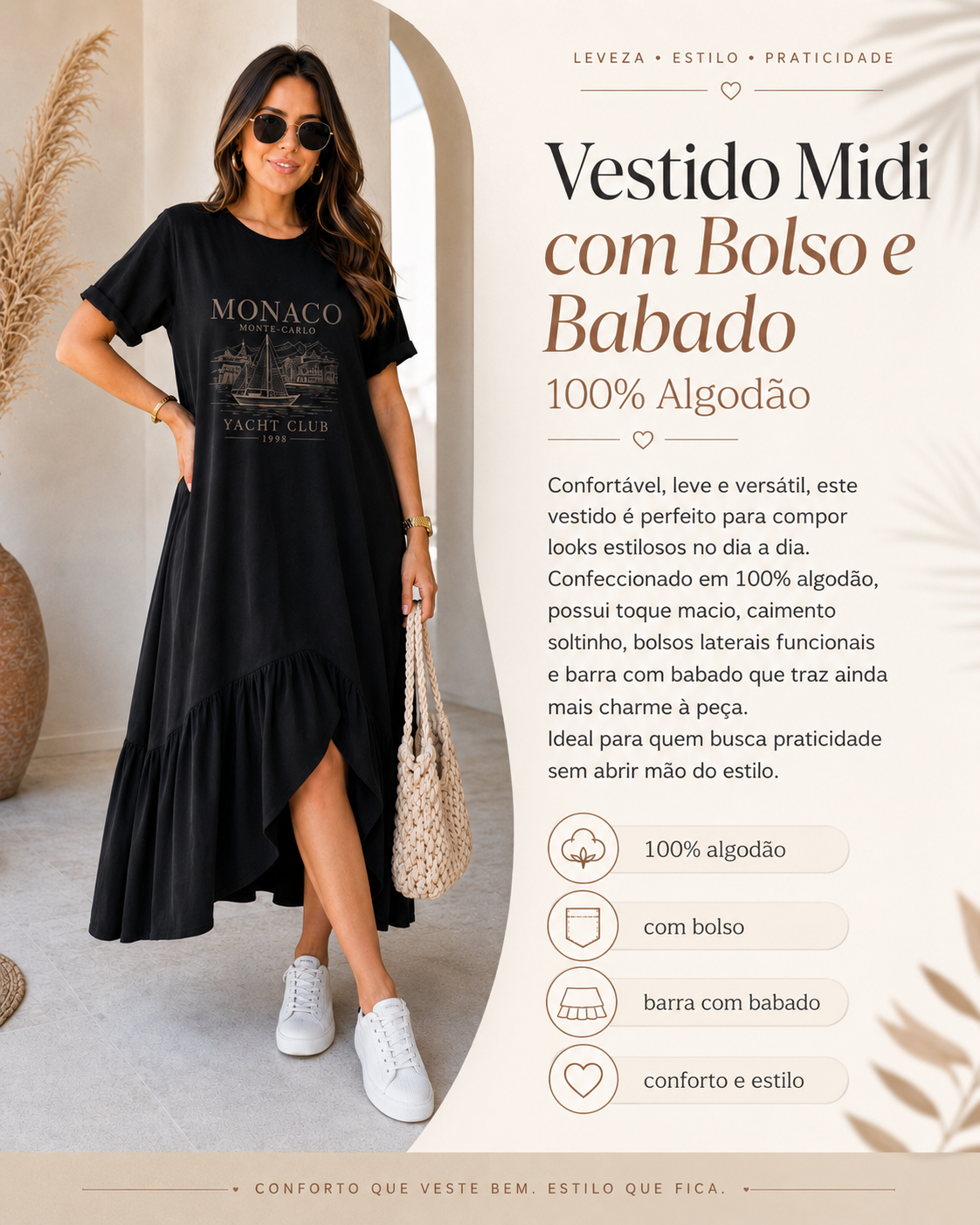 Vestido Midi Mônaco Preto com Bolsos e Babado – 100% Algodão