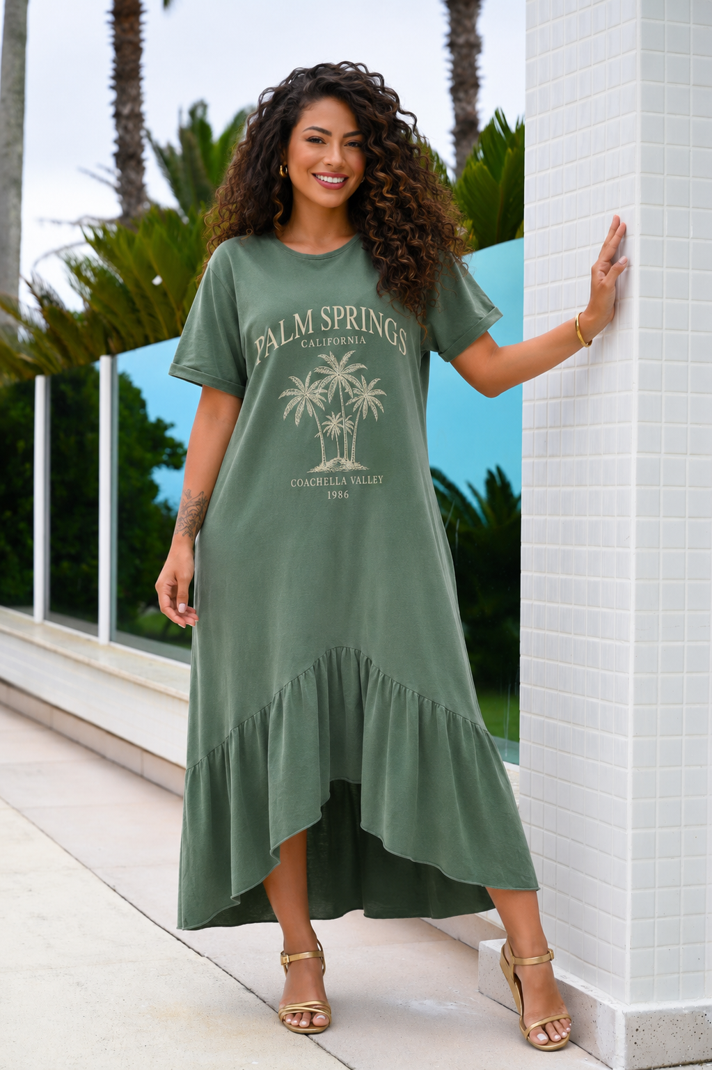 Vestido Estonado Palm Springs com Babado e Bolsos