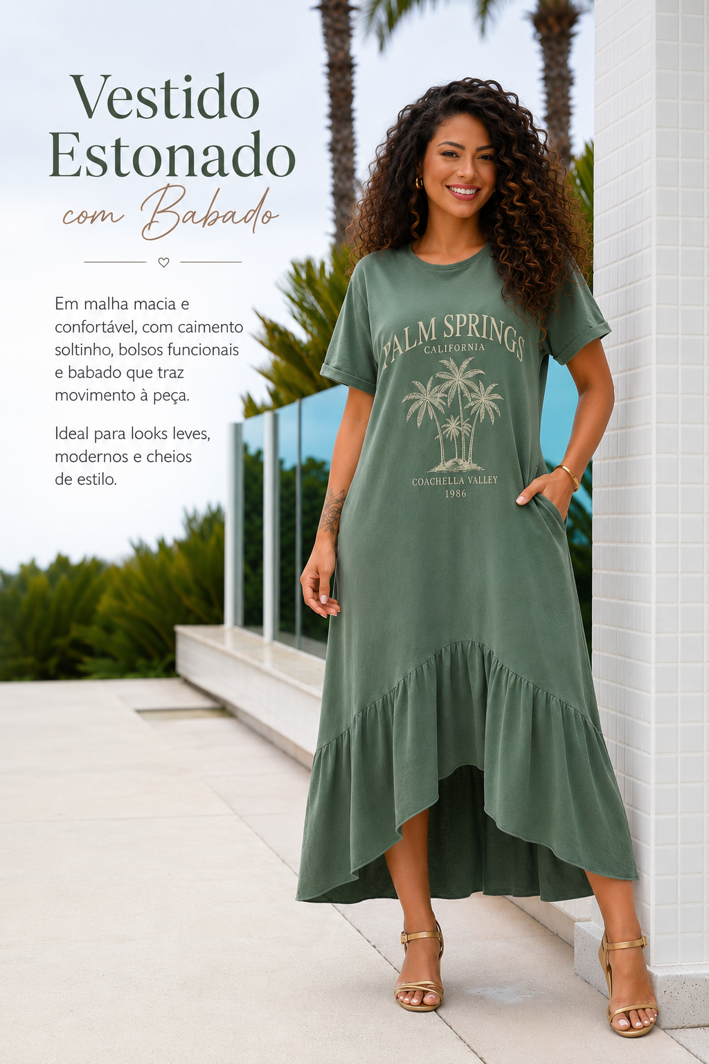 Vestido Estonado Palm Springs com Babado e Bolsos