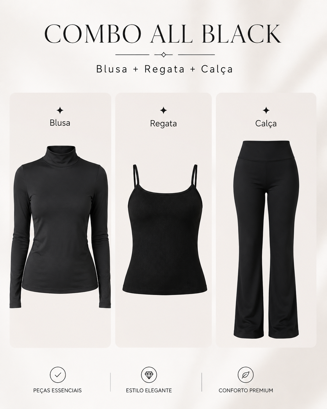 Kit Feminino All Black 3 Peças Blusa Gola Alta + Regata Ribana + Calça