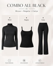 Kit Feminino All Black 3 Peças Blusa Gola Alta + Regata Ribana + Calça