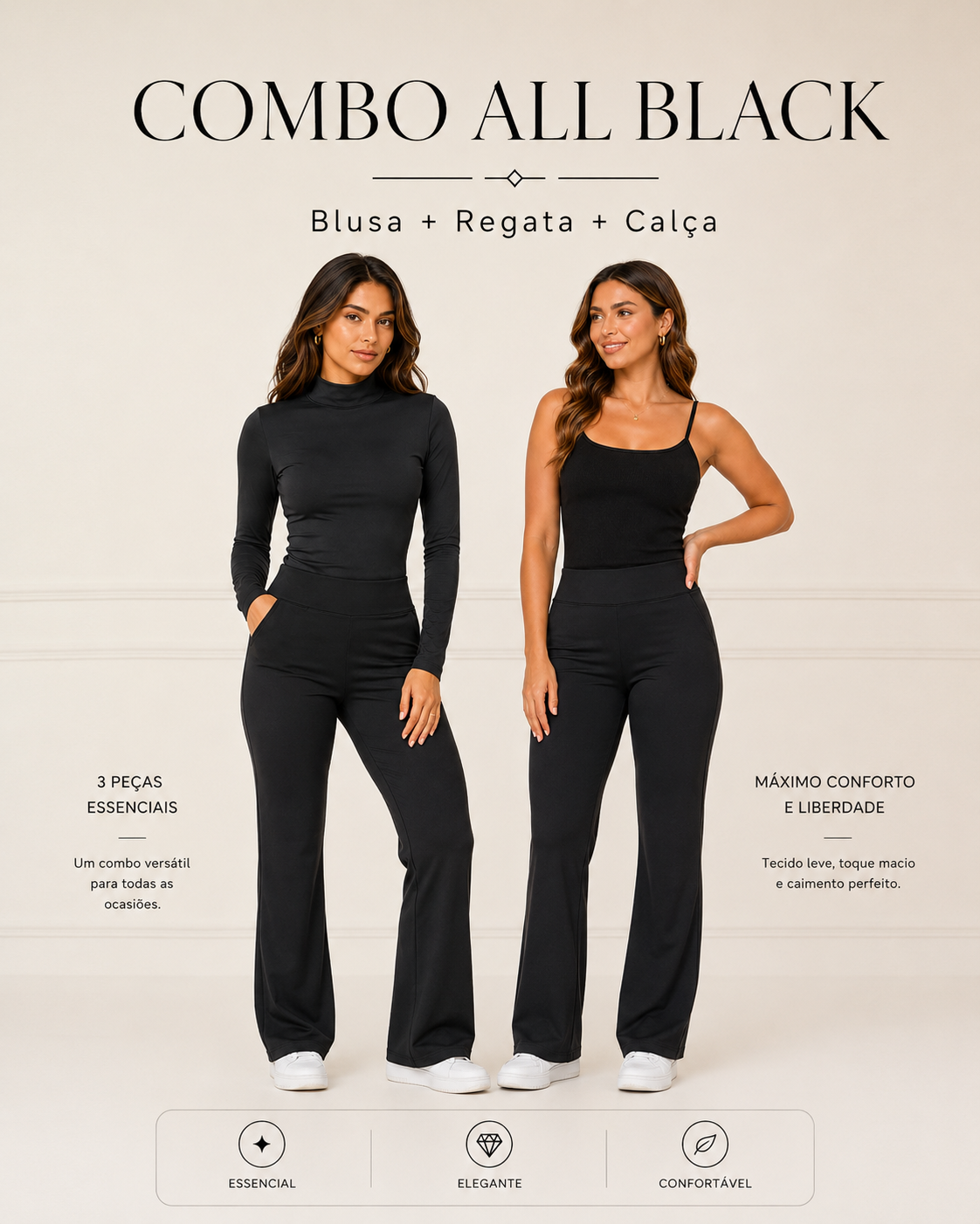 Kit Feminino All Black 3 Peças Blusa Gola Alta + Regata Ribana + Calça