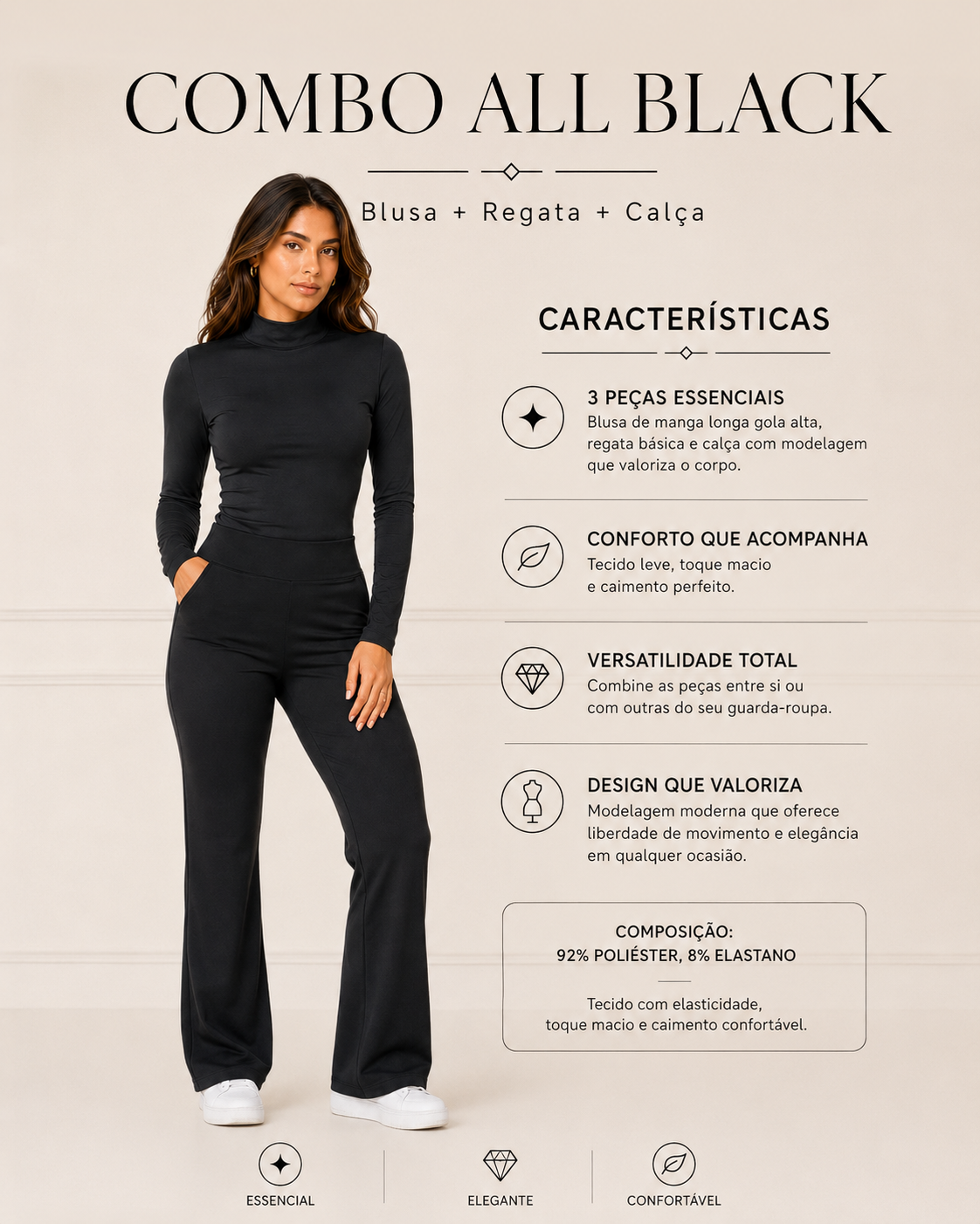 Kit Feminino All Black 3 Peças Blusa Gola Alta + Regata Ribana + Calça