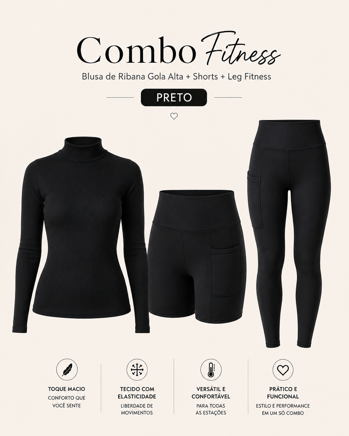 Kit Fitness Feminino Preto Blusa Gola Alta Ribana + Shorts + Leg Fitness com Bolso