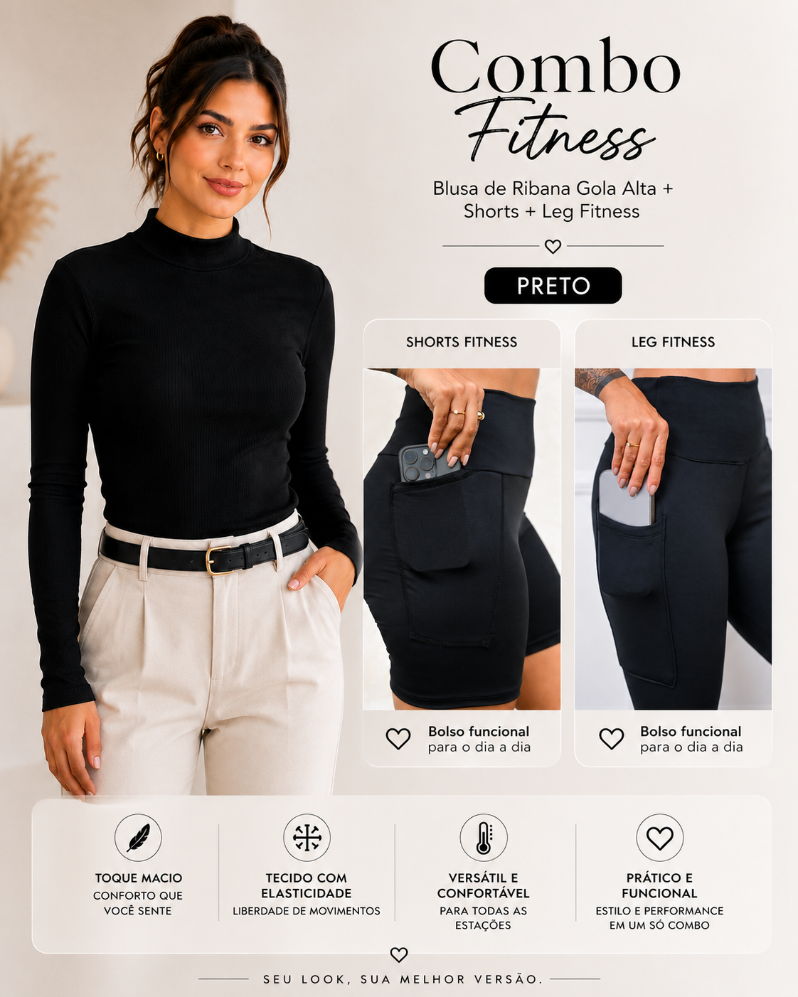 Kit Fitness Feminino Preto Blusa Gola Alta Ribana + Shorts + Leg Fitness com Bolso