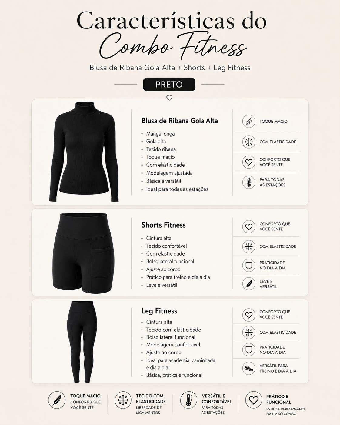 Kit Fitness Feminino Preto Blusa Gola Alta Ribana + Shorts + Leg Fitness com Bolso