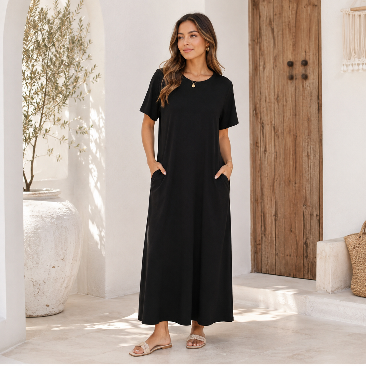 Vestido midi algodão com bolso Ariana