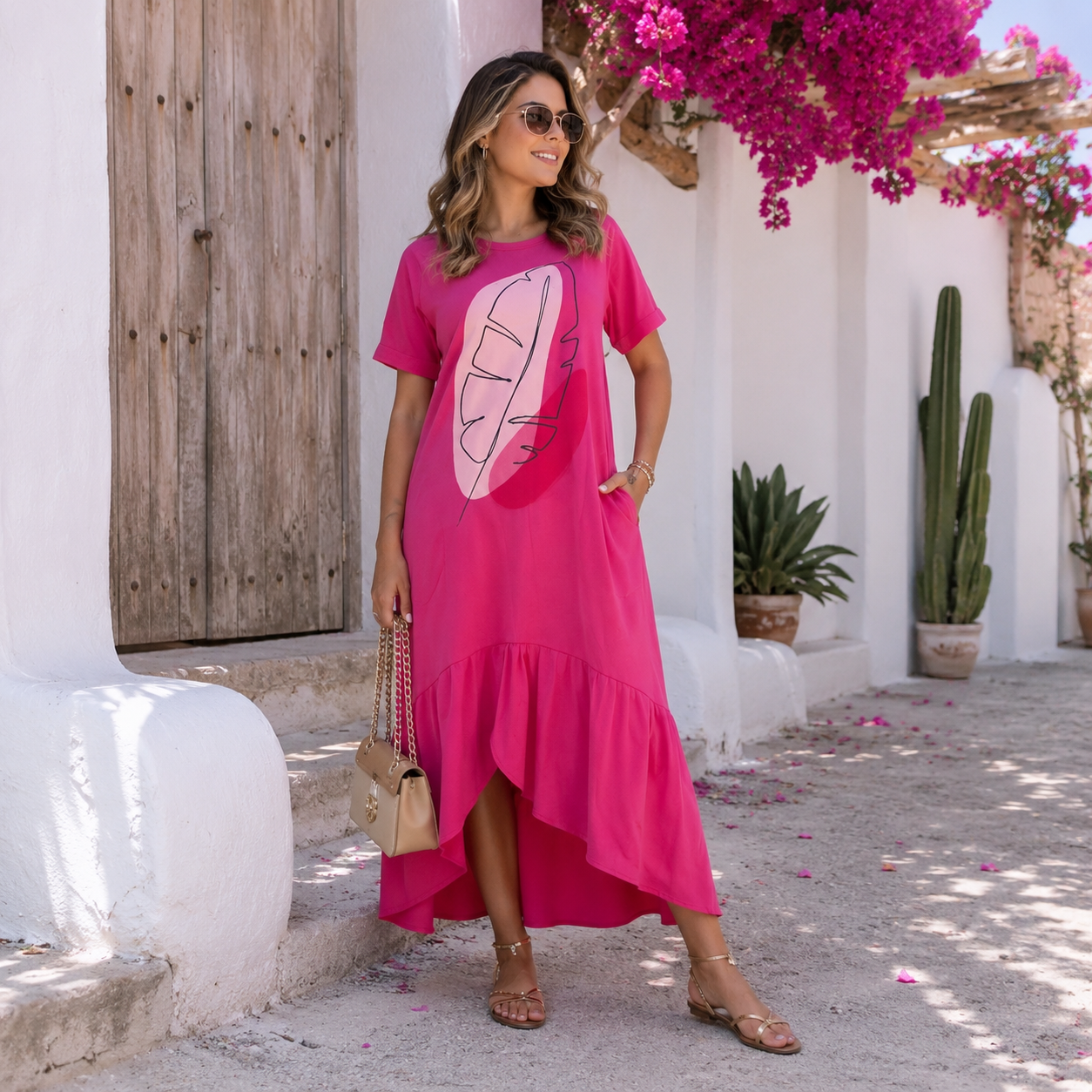 Vestido Midi algodão com bolso e babado Brigitte