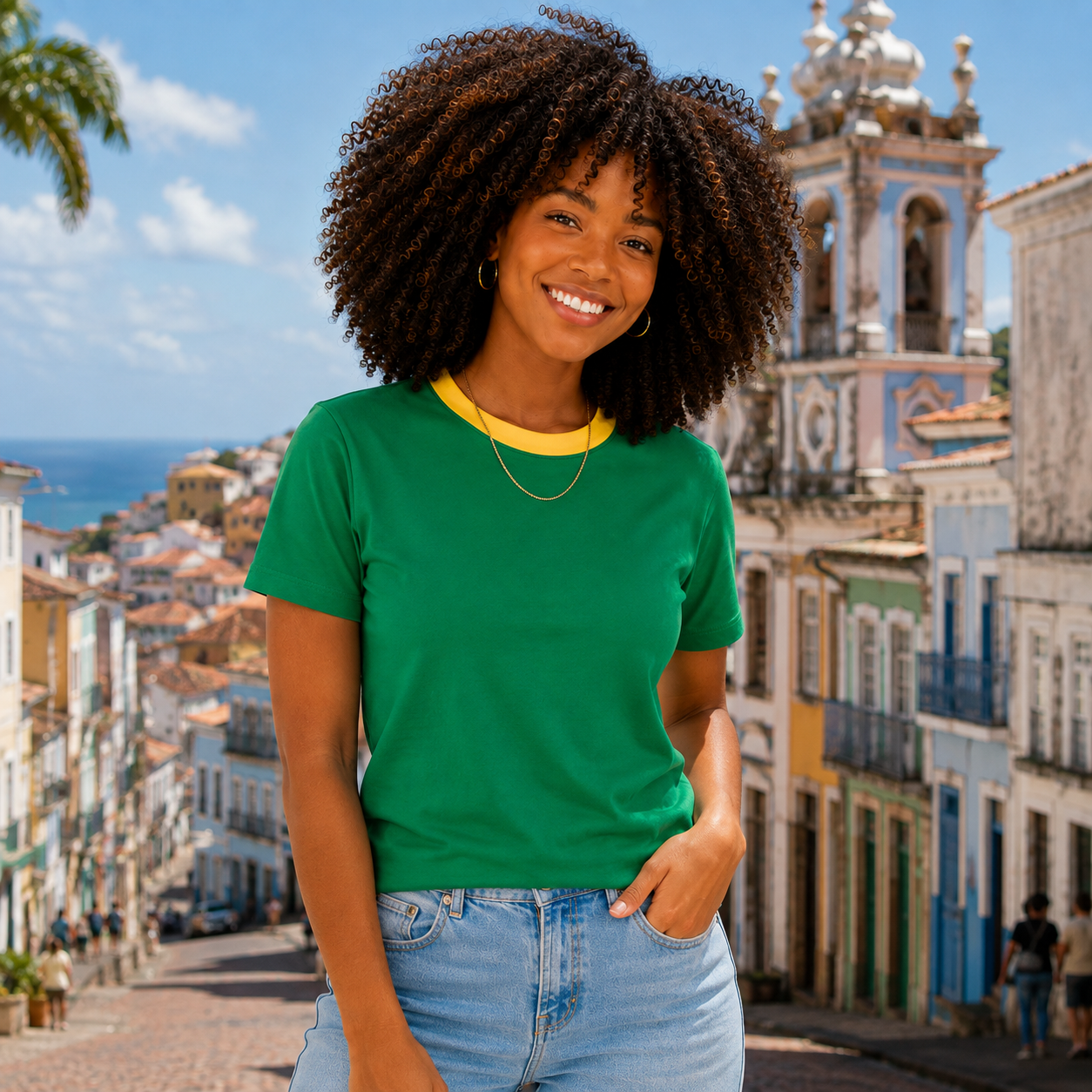 Blusa Feminina 100% algodão verde e amarelo gola contrastante casual