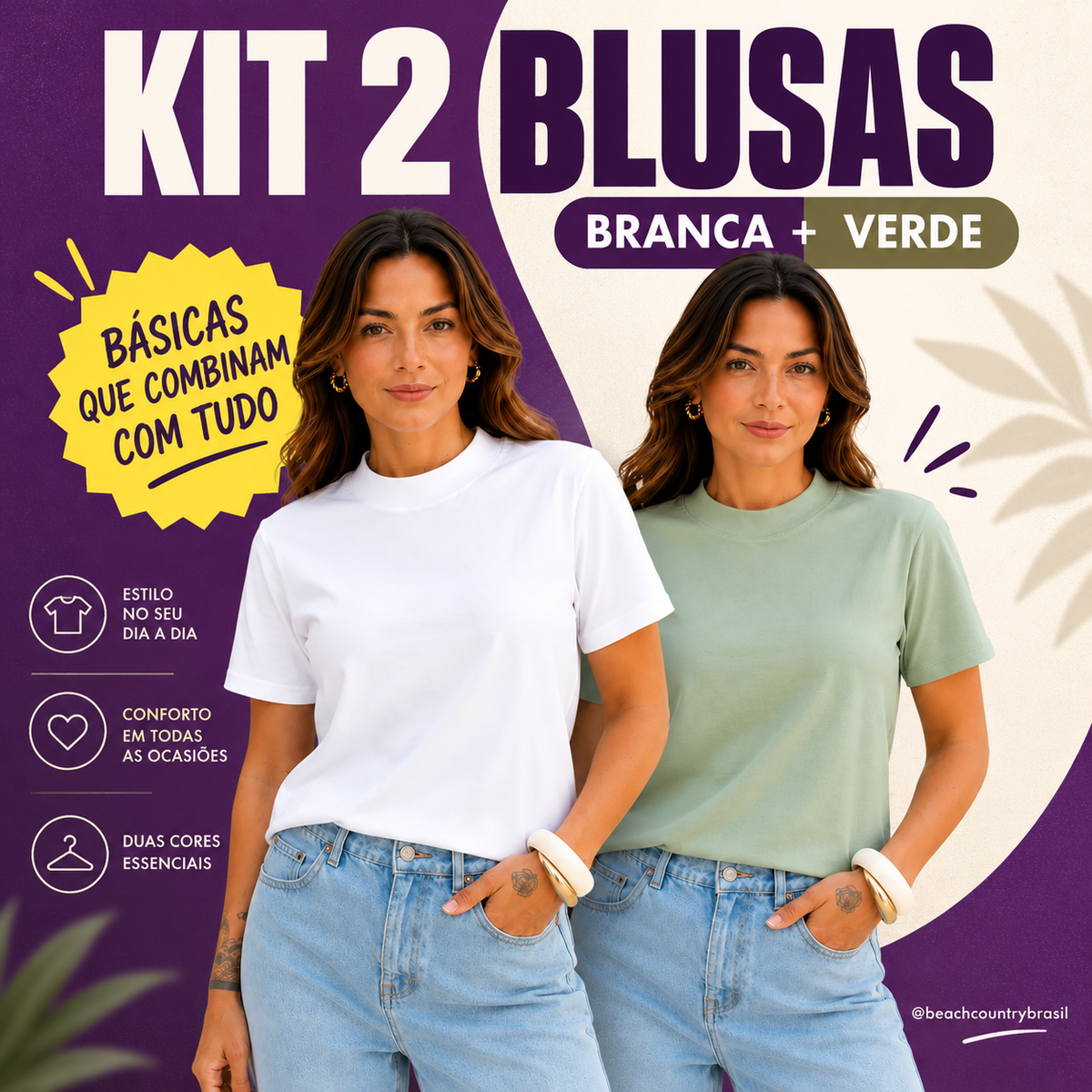 Kit 2 Blusas Femininas Básicas Algodão Gola Alta Manga Curta Confortável