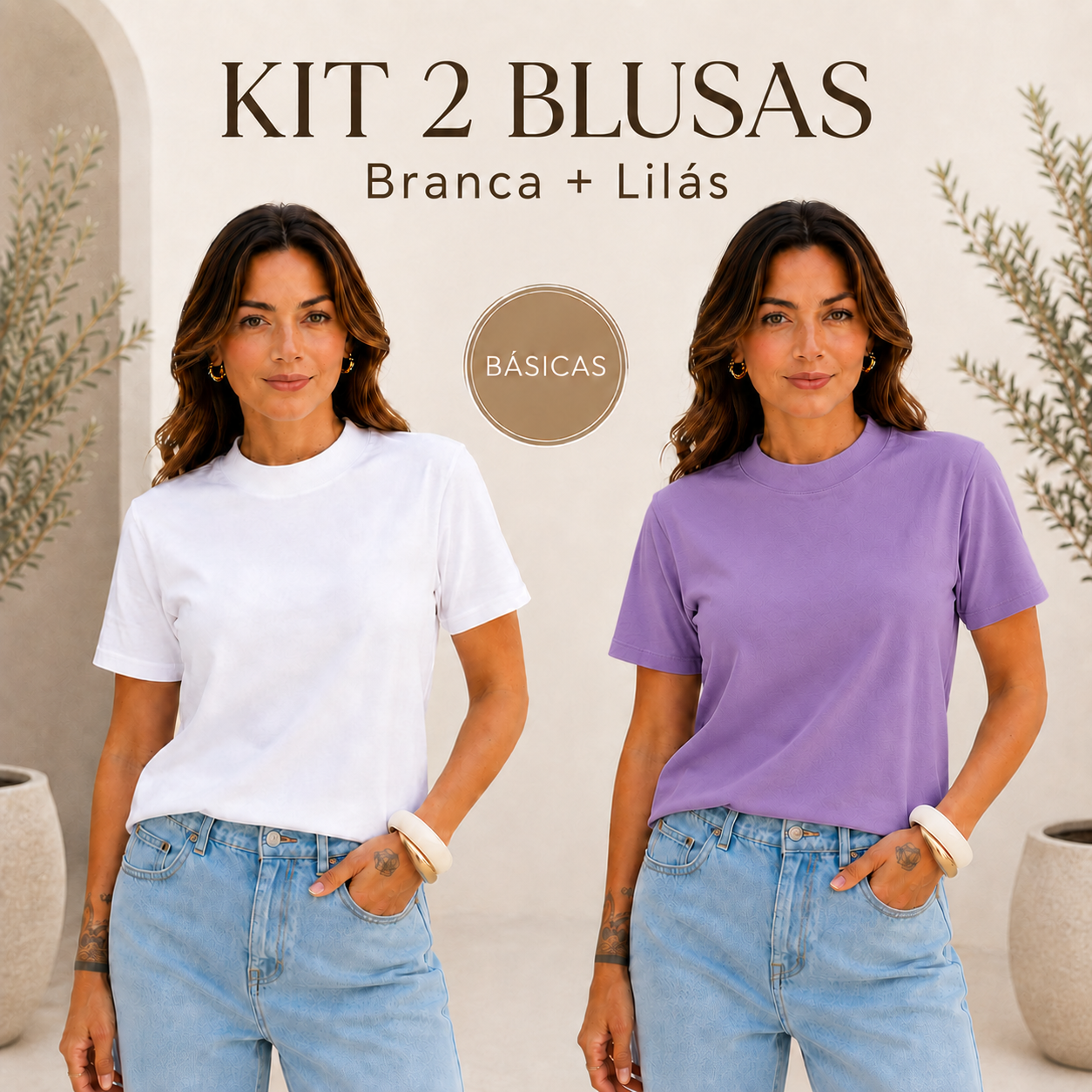 Kit 2 T-Shirts Femininas Básicas Algodão Gola Alta Confortável Dia a Dia (Cópia)