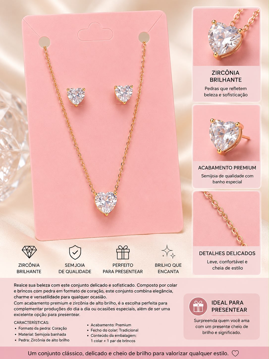 Conjunto Feminino Colar e Brincos Coração Zircônia Alto Brilho