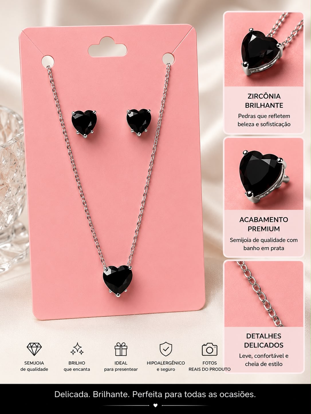 Conjunto Feminino Colar e Brincos Coração Zircônia Alto Brilho