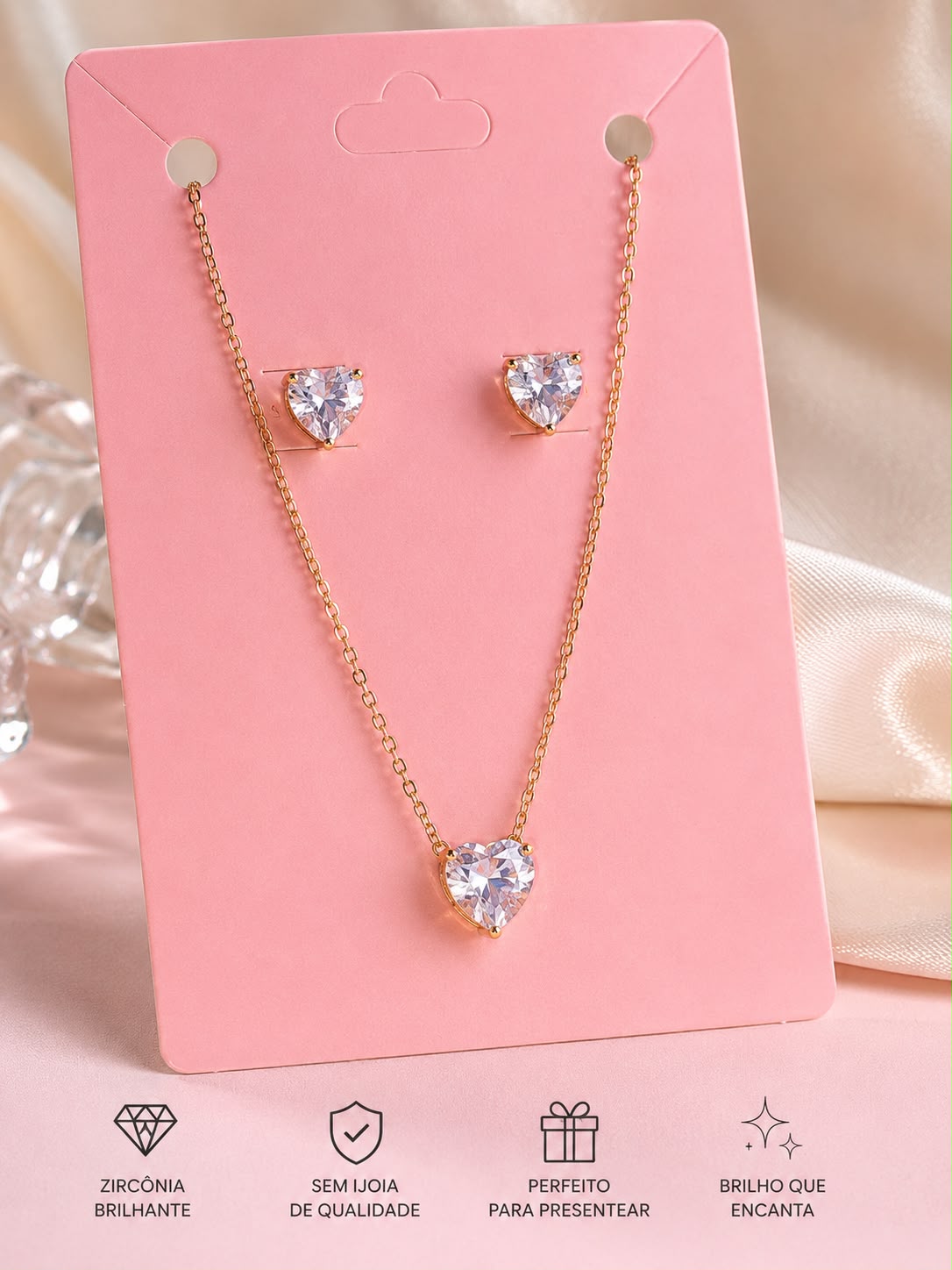 Conjunto Feminino Colar e Brincos Coração Zircônia Alto Brilho