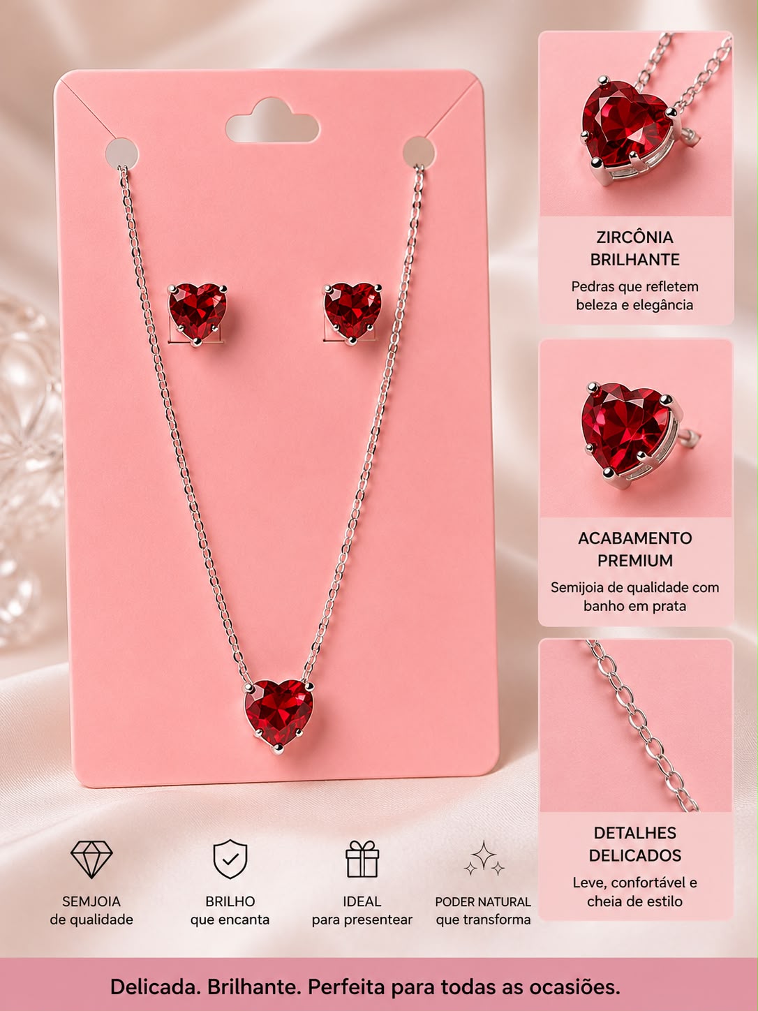 Conjunto Feminino Colar e Brincos Coração Zircônia Alto Brilho