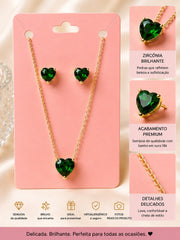 Conjunto Feminino Colar e Brincos Coração Zircônia Alto Brilho