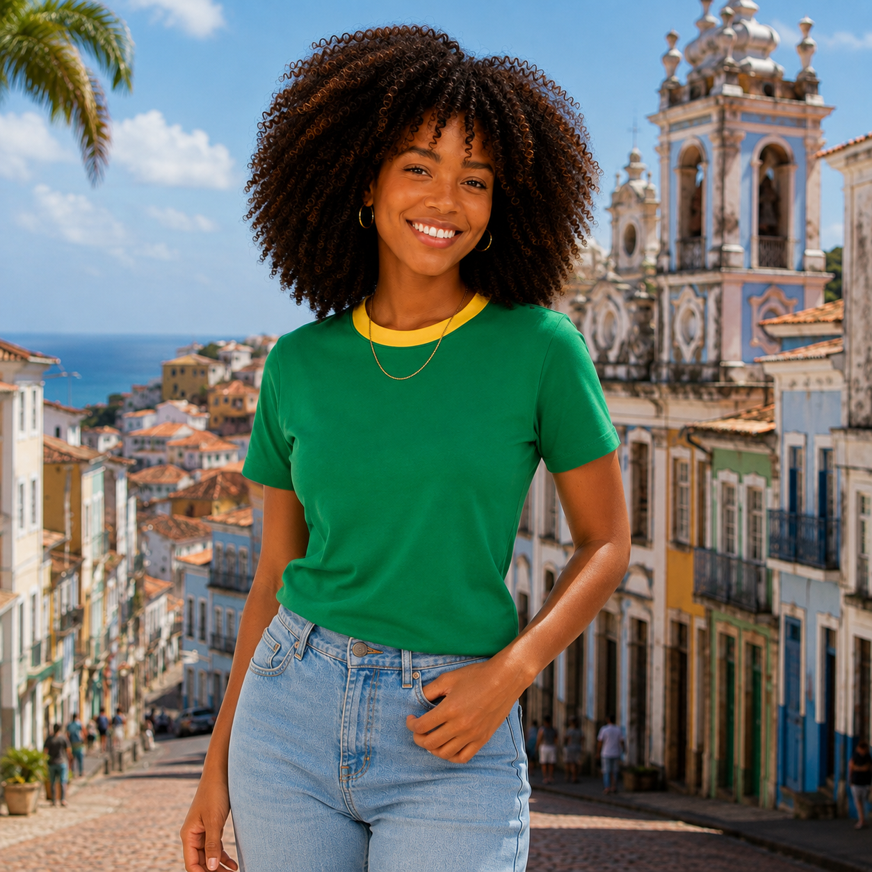 Blusa Feminina 100% algodão verde e amarelo gola contrastante casual