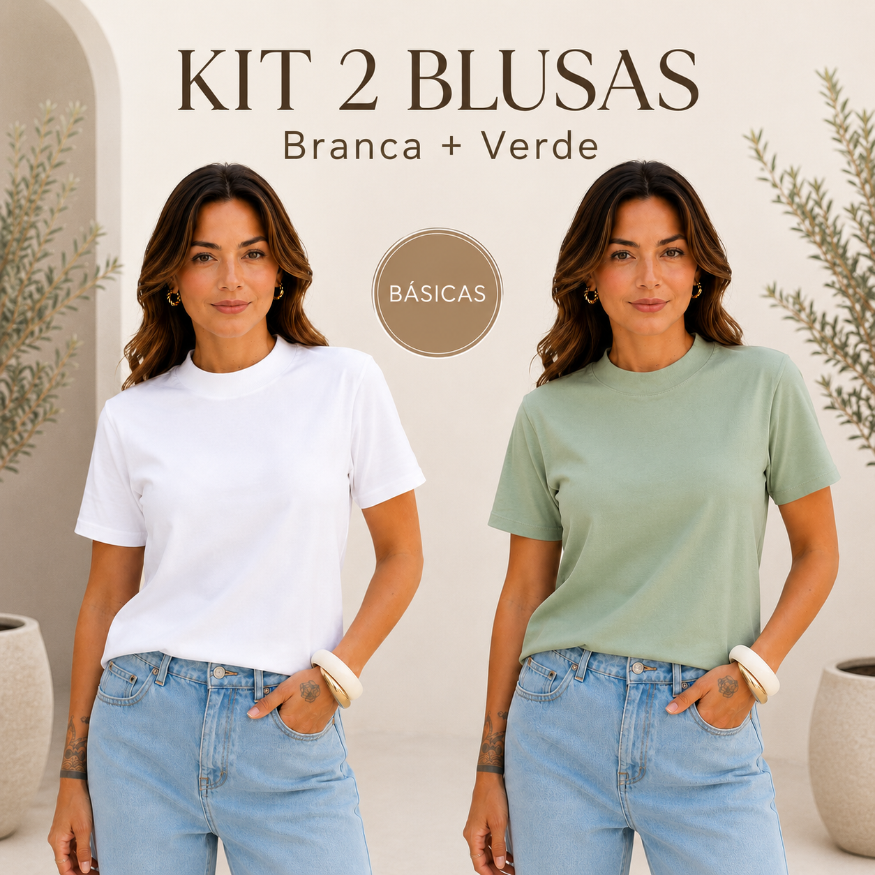 Kit 2 Blusas Femininas Básicas Algodão Gola Alta Manga Curta Confortável